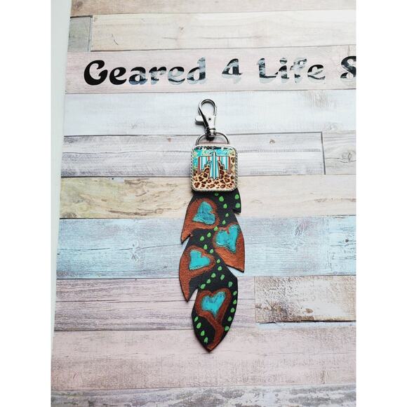 Leather Feather Key Chain Ring, cowgirl western purse charm, conchos - Picture 1 of 2